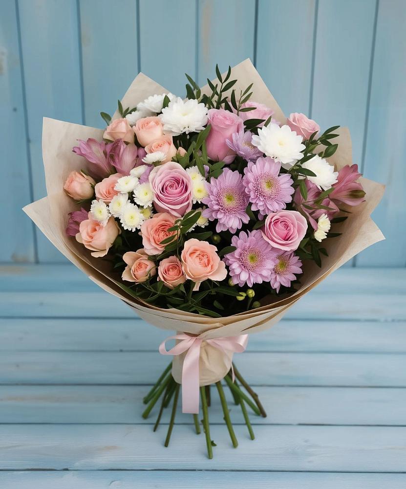 Букет цветов из: Хризантемы, Розы и Альстромерии в Кочубее