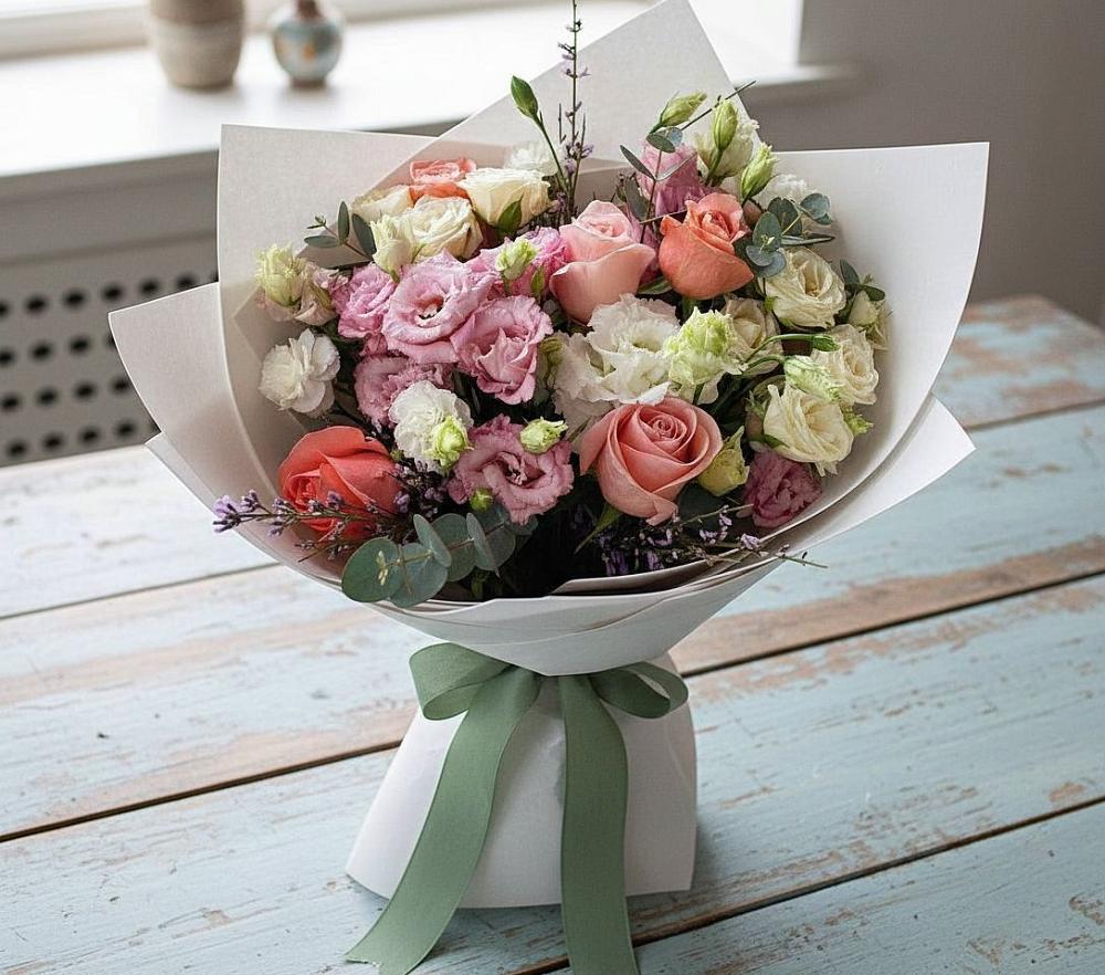 Букет цветов из: Розы, Лизиантусы и Гвоздики в Кочубее