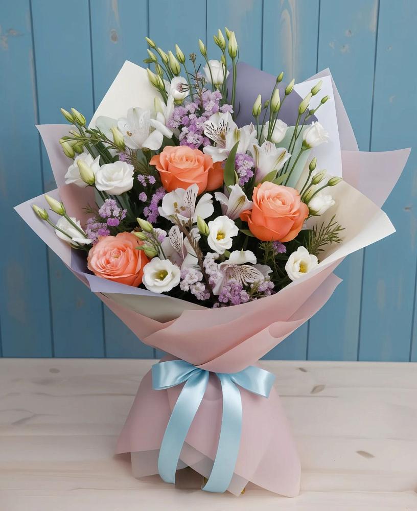 Букет цветов из: Лизиантусы, Розы, Альстромерии и Гипсофила в Кочубее